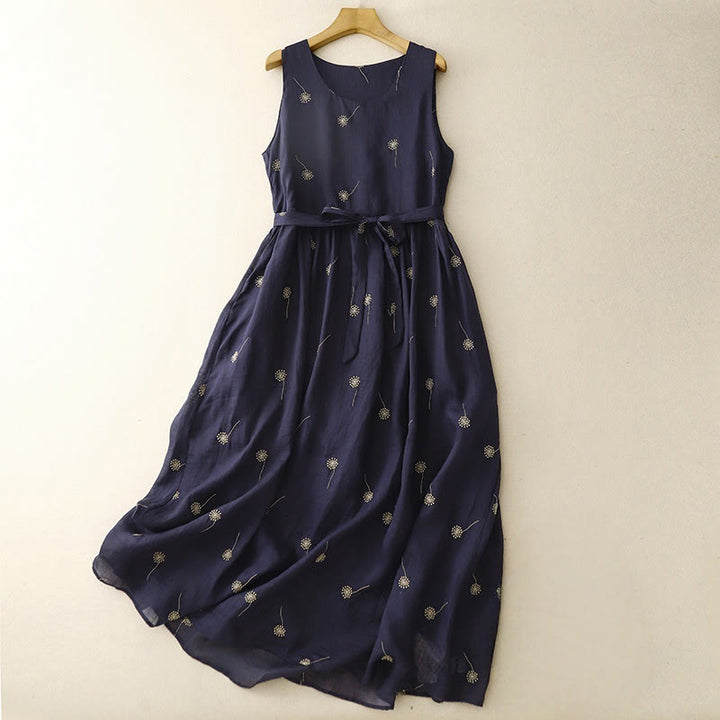 Buddha Stonesミッドナイトブループリント レースアップデザイン ノースリーブ コットン ミディドレス ポケット付き - ミッドナイトブルー - US8-10，UK/AU12-14，EU40-42 (2XL) - image 0