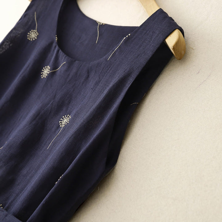 Buddha Stonesミッドナイトブループリント レースアップデザイン ノースリーブ コットン ミディドレス ポケット付き - image 3