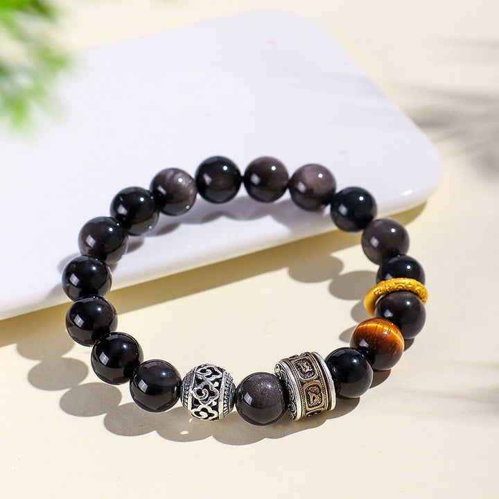 Buddha Stonesシルバーシーンオブシディアン タイガーオーム・マニ・パドメ・フム守護ブレスレット