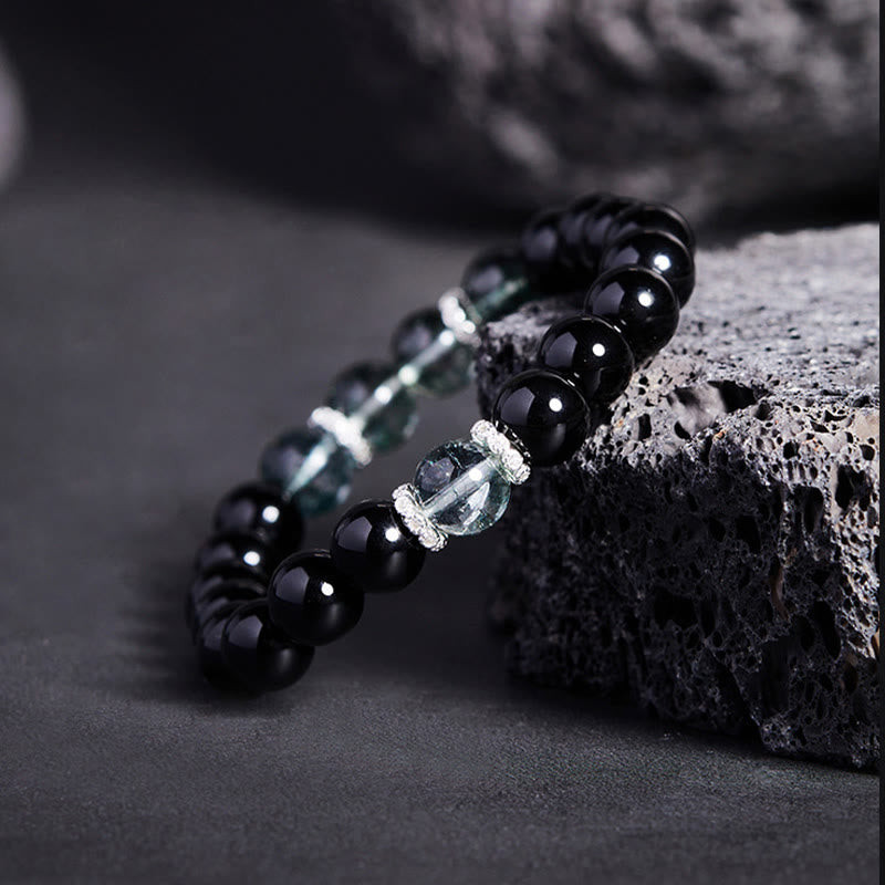 Buddha Stones925スターリングシルバー ブラックオブシディアン グリーンファントム強さブレスレット - image 1