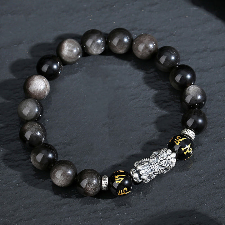 Buddha Stones 999スターリングシルバー 貔貅 天然黒曜石 パワーブレスレット