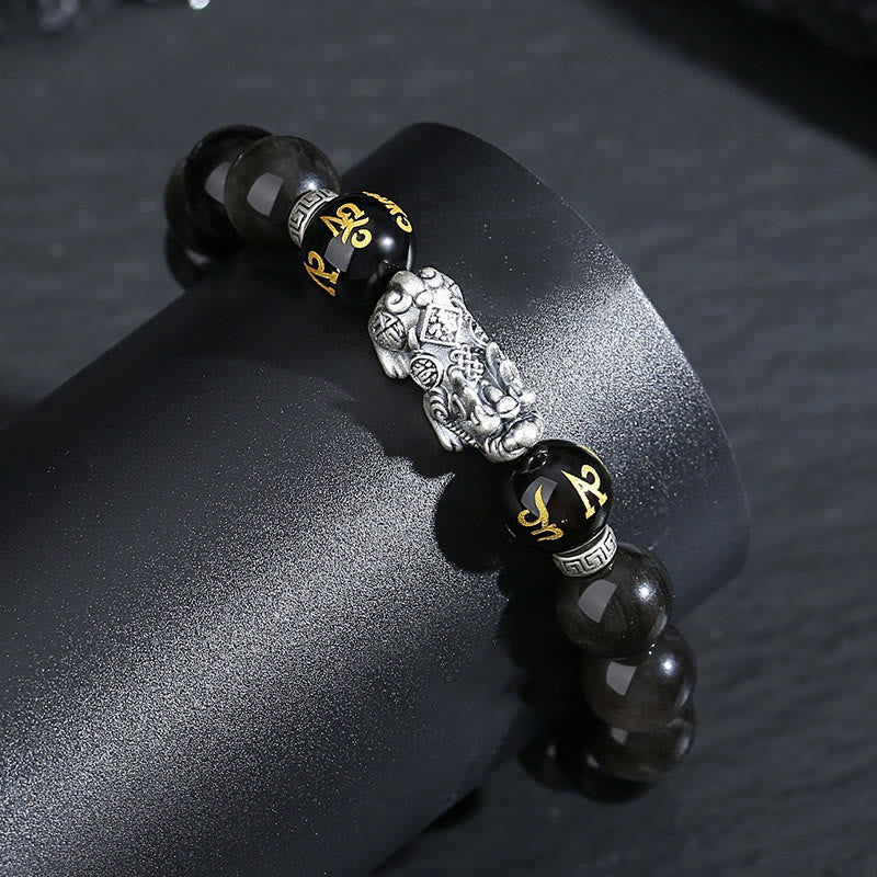 Buddha Stones 999スターリングシルバー 貔貅 天然黒曜石 パワーブレスレット