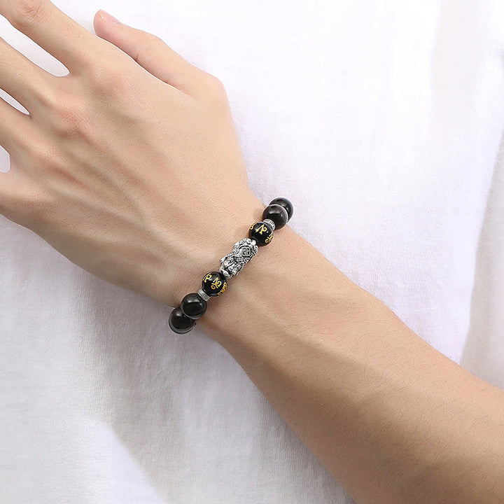 Buddha Stones 999スターリングシルバー 貔貅 天然黒曜石 パワーブレスレット