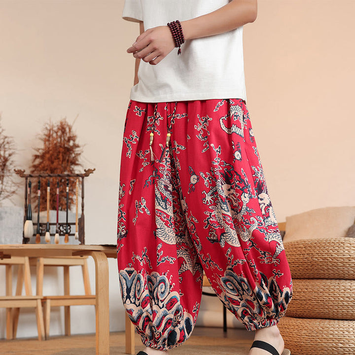 Buddha Stonesドラゴンプリント コットン メンズ ハーレム アンクル丈 パンツ ポケット付き - 赤 - US/UK/AU46、 EU56 (5XL) - image 11