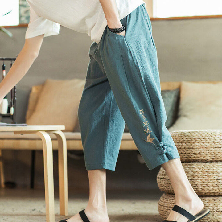 Buddha Stones鶴 刺繍 コットン メンズ クロップド ハーレムパンツ ポケット付き - キャデットブルー - US/UK/AU46、 EU56 (5XL) - image 0