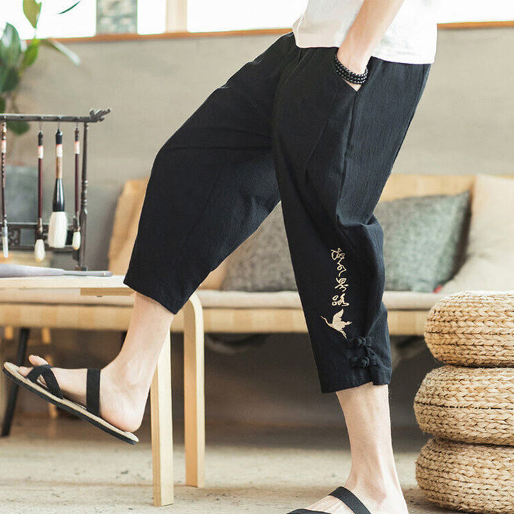 Buddha Stones鶴 刺繍 コットン メンズ クロップド ハーレムパンツ ポケット付き - 黒 - US/UK/AU46、 EU56 (5XL) - image 22