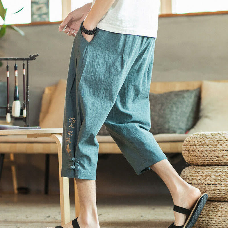 Buddha Stones鶴 刺繍 コットン メンズ クロップド ハーレムパンツ ポケット付き - image 3