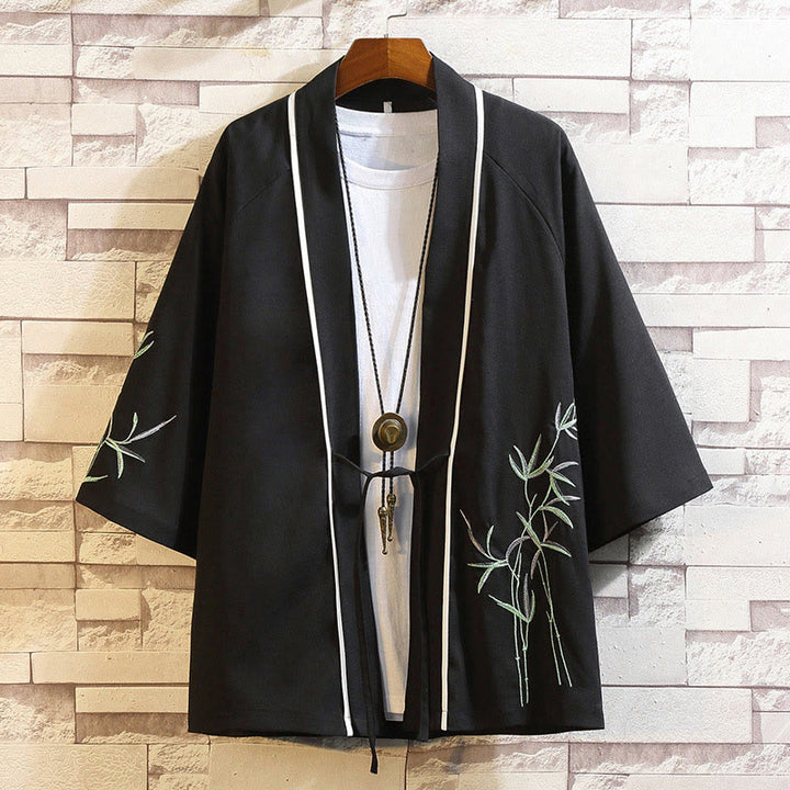 Buddha Stones刺繍龍鳳凰吉祥雲波葉​​鶴前開きジャケットメンズ着物 - 葉っぱ - 黒 - US/UK/AU46、 EU56 (5XL) - image 14