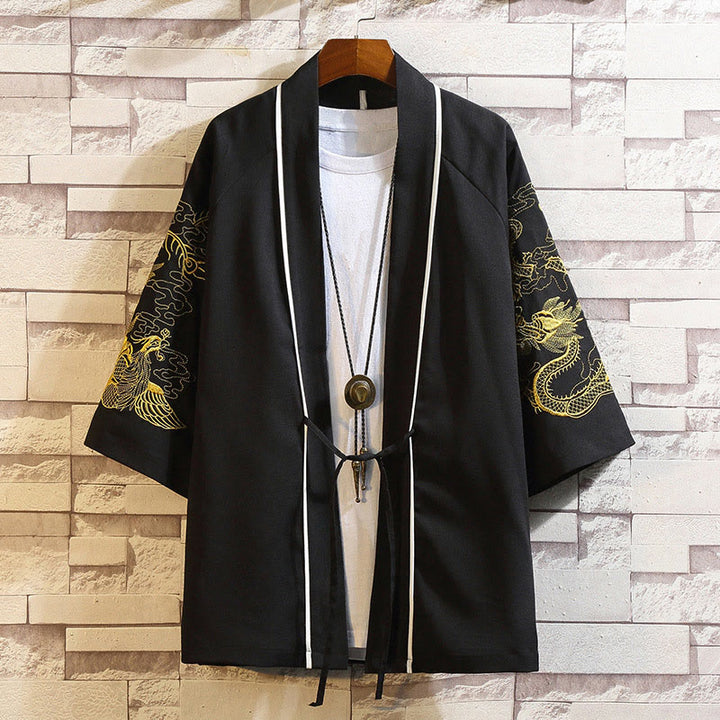 Buddha Stones刺繍龍鳳凰吉祥雲波葉鶴前開きジャケットメンズ着物