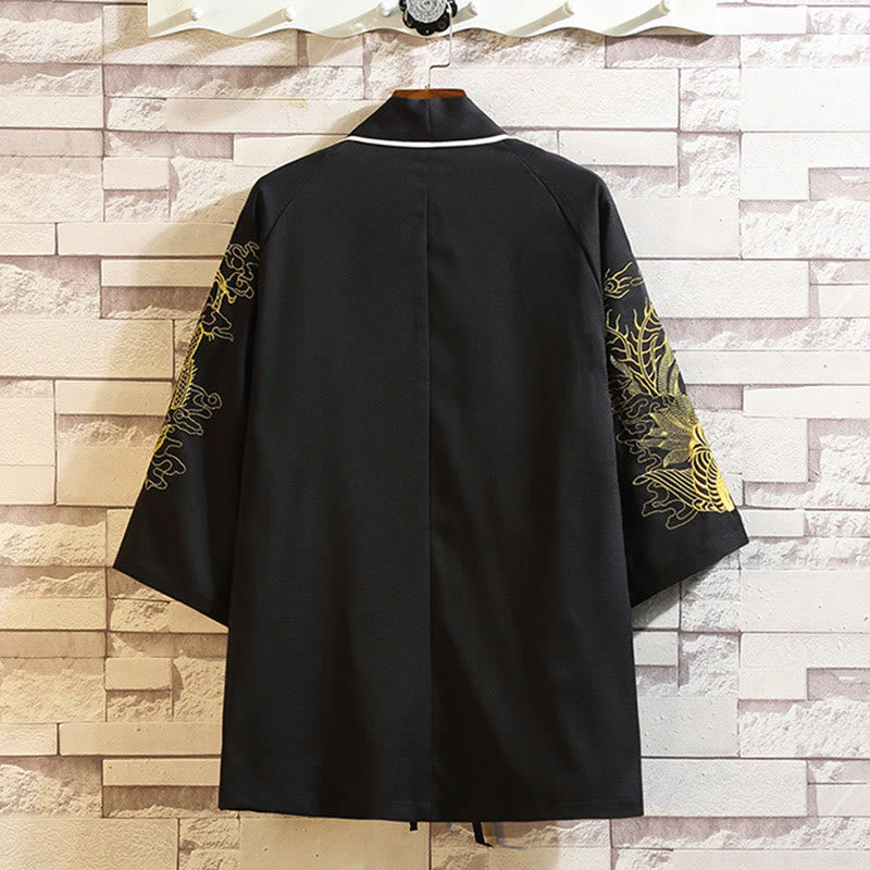 Buddha Stones刺繍龍鳳凰吉祥雲波葉​​鶴前開きジャケットメンズ着物 - image 19