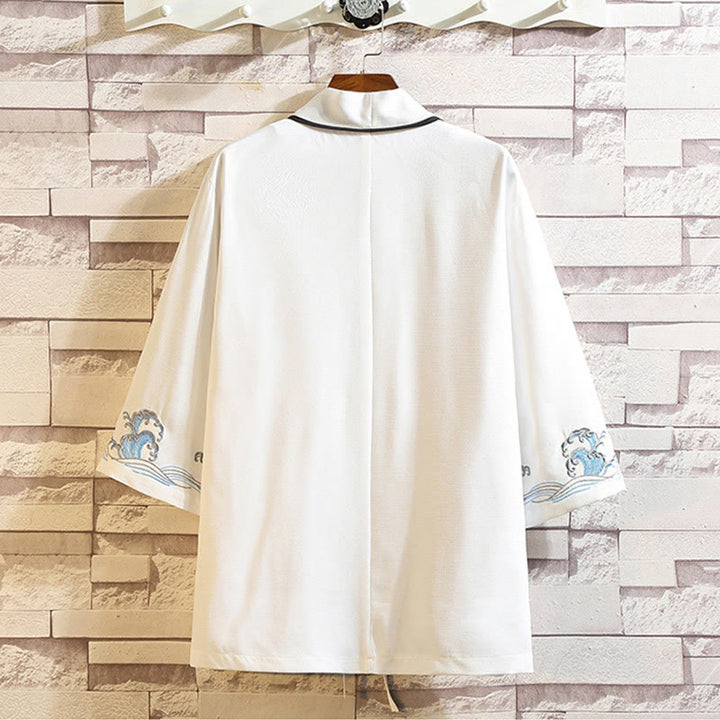 Buddha Stones刺繍龍鳳凰吉祥雲波葉​​鶴前開きジャケットメンズ着物 - image 40