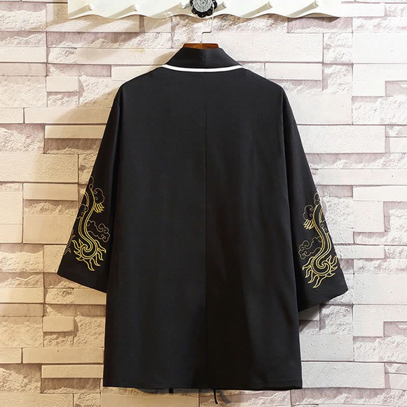 Buddha Stones刺繍龍鳳凰吉祥雲波葉​​鶴前開きジャケットメンズ着物 - image 11