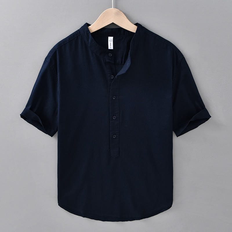 Buddha Stones夏用 無地 メンズ ハーフボタン 半袖 コットンリネンシャツ - ミッドナイトブルー - US/UK/AU42、 EU52 (3XL) - image 15
