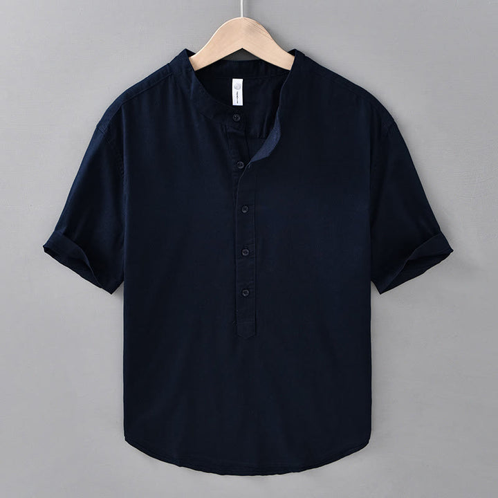 Buddha Stones夏用 無地 メンズ ハーフボタン 半袖 コットンリネンシャツ - ミッドナイトブルー - US/UK/AU42、 EU52 (3XL) - image 15