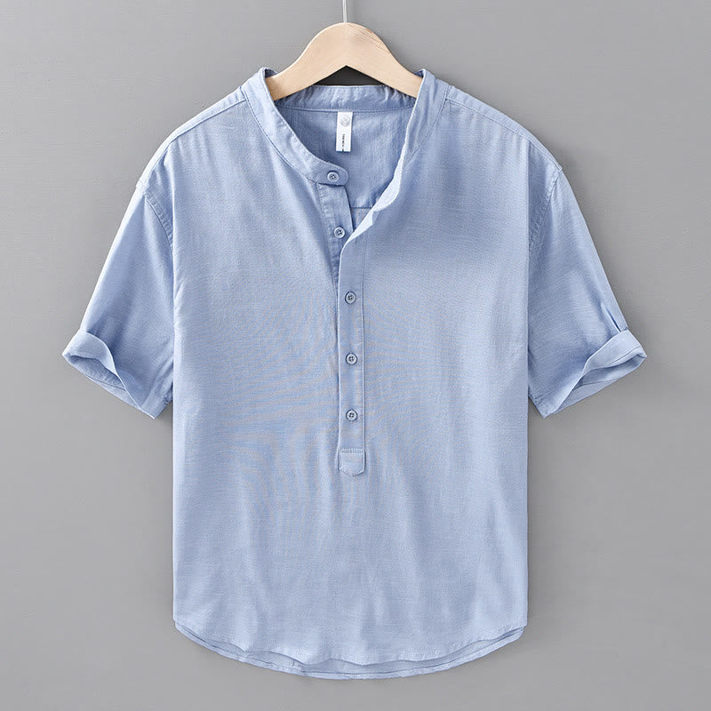 Buddha Stones夏用 無地 メンズ ハーフボタン 半袖 コットンリネンシャツ - ライトスチールブルー - US/UK/AU42、 EU52 (3XL) - image 13