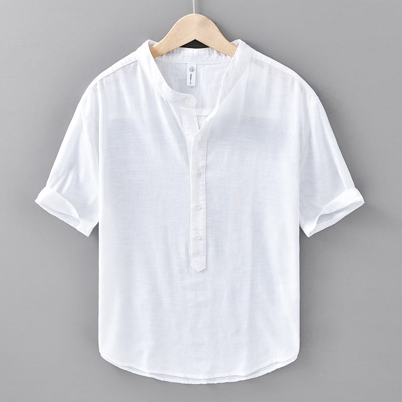 Buddha Stones夏用 無地 メンズ ハーフボタン 半袖 コットンリネンシャツ - 白 - US/UK/AU42、 EU52 (3XL) - image 11