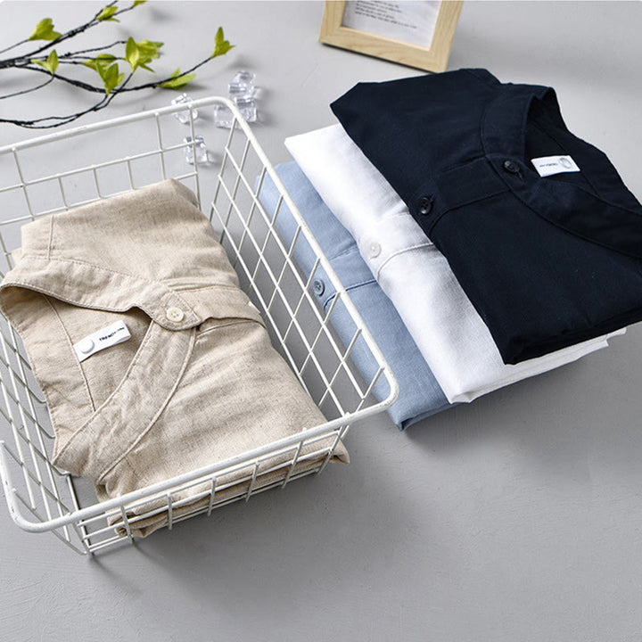 Buddha Stones夏用 無地 メンズ ハーフボタン 半袖 コットンリネンシャツ - image 19