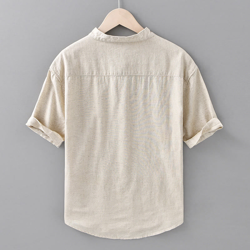 Buddha Stones夏用 無地 メンズ ハーフボタン 半袖 コットンリネンシャツ - image 2
