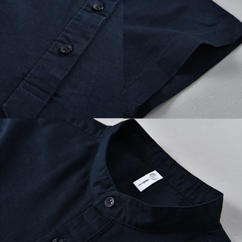 Buddha Stones夏用 無地 メンズ ハーフボタン 半袖 コットンリネンシャツ - image 16