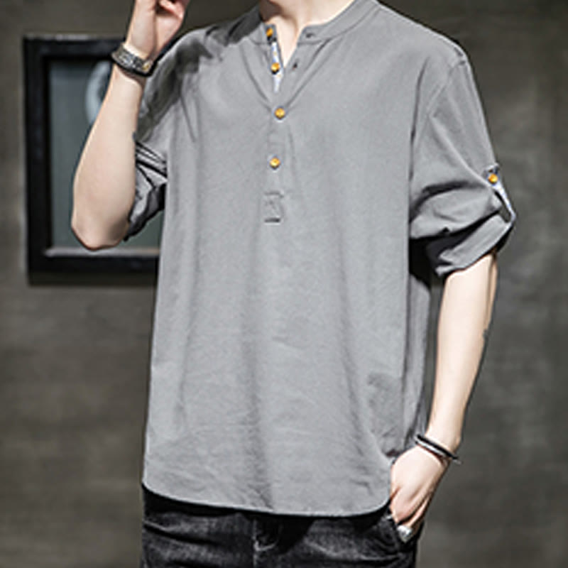 Buddha Stonesサマーソリッド メンズ ハーフボタン 半袖 リネンシャツ - image 1