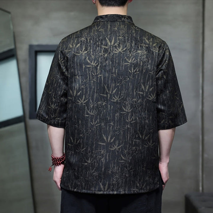 Buddha Stonesサマー ゴールデンバンブー ジャカード メンズ ハーフスリーブ リネンシャツ