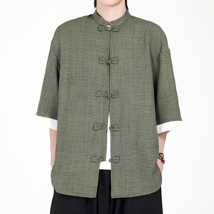 Buddha Stones無地唐装カエルボタンデザインメンズ半袖シャツ