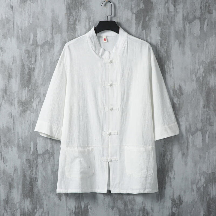 Buddha Stones無地 唐装 カエルボタンデザイン メンズ 半袖 リネンシャツ ポケット付き - 白 - US/UK/AU46、 EU56 (5XL) - image 2