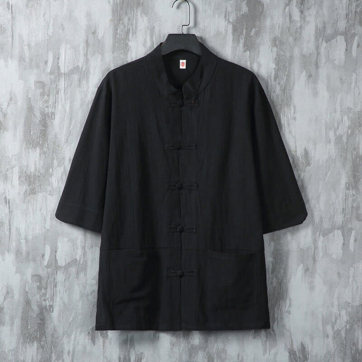 Buddha Stones無地 唐装 カエルボタンデザイン メンズ 半袖 リネンシャツ ポケット付き - 黒 - US/UK/AU46、 EU56 (5XL) - image 7