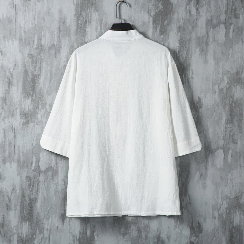 Buddha Stones無地 唐装 カエルボタンデザイン メンズ 半袖 リネンシャツ ポケット付き - image 3