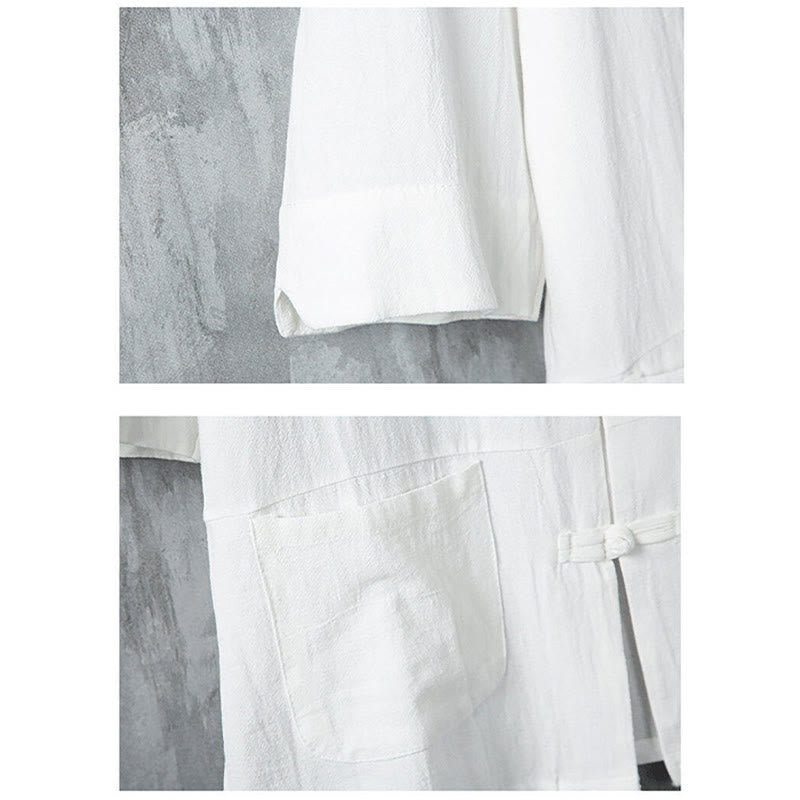 Buddha Stones無地 唐装 カエルボタンデザイン メンズ 半袖 リネンシャツ ポケット付き - image 6