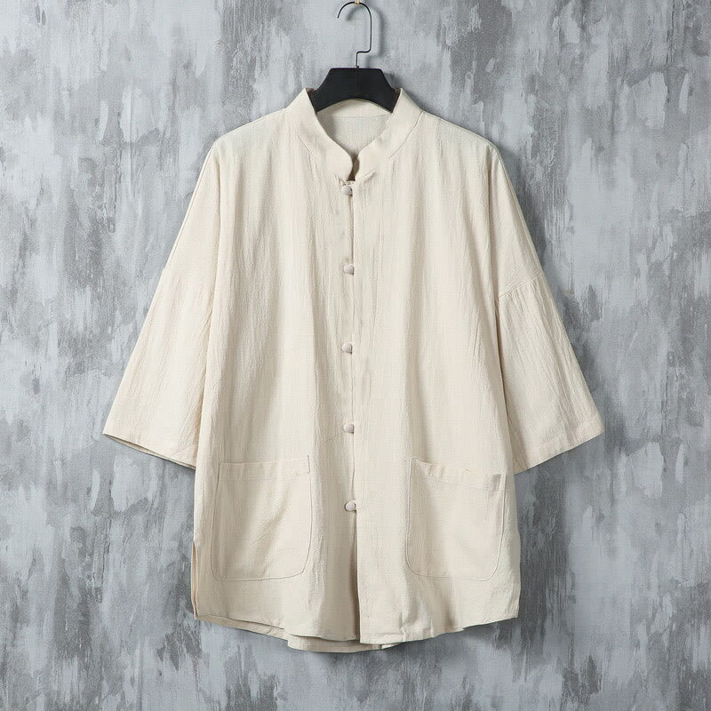 Buddha Stones夏 無地 唐装デザイン メンズ 半袖 リネンシャツ ポケット付き - リネン - US/UK/AU46、 EU56 (5XL) - image 0