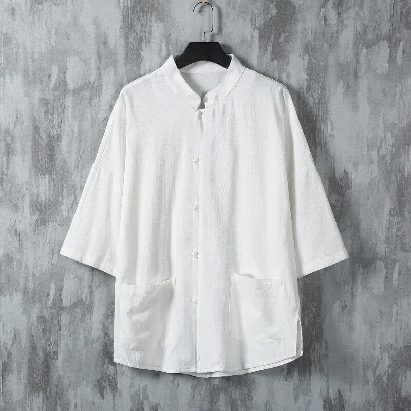 Buddha Stones夏 無地 唐装デザイン メンズ 半袖 リネンシャツ ポケット付き - 白 - US/UK/AU46、 EU56 (5XL) - image 2