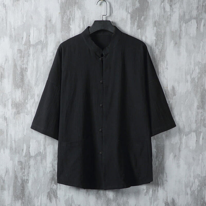 Buddha Stones夏 無地 唐装デザイン メンズ 半袖 リネンシャツ ポケット付き - 黒 - US/UK/AU46、 EU56 (5XL) - image 7