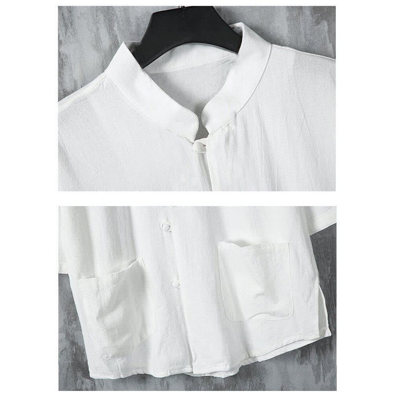 Buddha Stones夏 無地 唐装デザイン メンズ 半袖 リネンシャツ ポケット付き - image 5