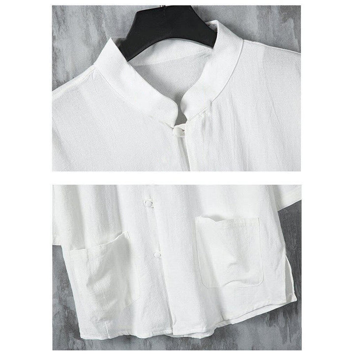 Buddha Stones夏 無地 唐装デザイン メンズ 半袖 リネンシャツ ポケット付き - image 5