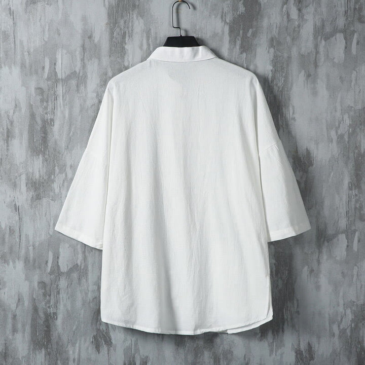 Buddha Stones夏 無地 唐装デザイン メンズ 半袖 リネンシャツ ポケット付き - image 3