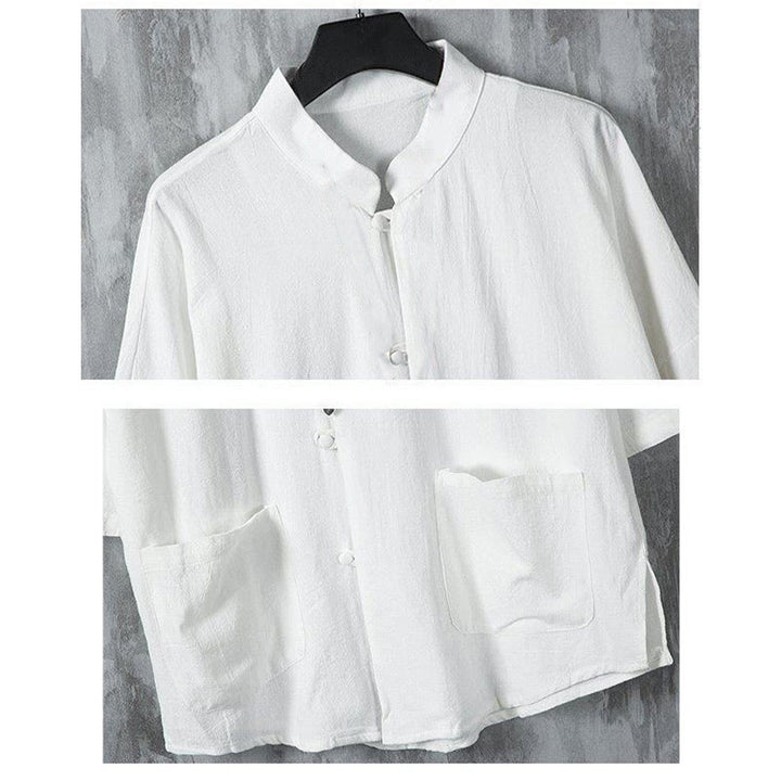 Buddha Stones夏 無地 唐装デザイン メンズ 半袖 リネンシャツ ポケット付き - image 4