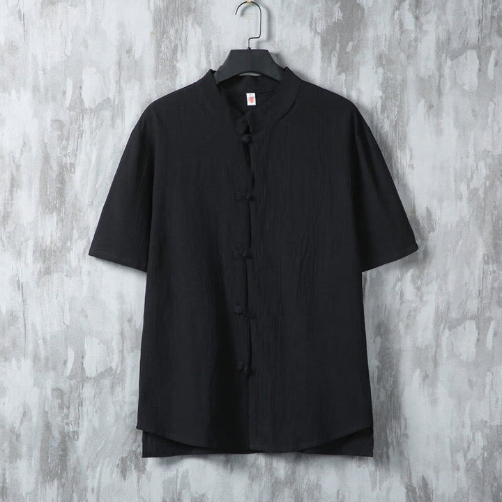 Buddha Stones夏 無地 唐装 カエルボタンデザイン メンズ 半袖 コットンシャツ - 黒 - US/UK/AU46、 EU56 (5XL) - image 7