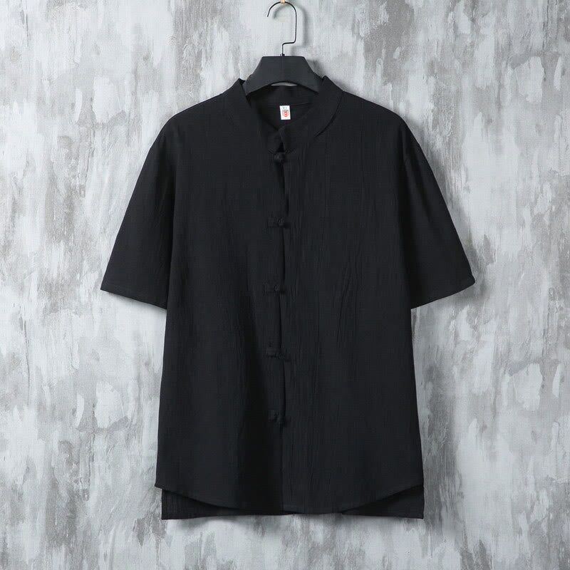 Buddha Stones夏 無地 唐装 カエルボタンデザイン メンズ 半袖 コットンシャツ - 黒 - US/UK/AU46、 EU56 (5XL) - image 7