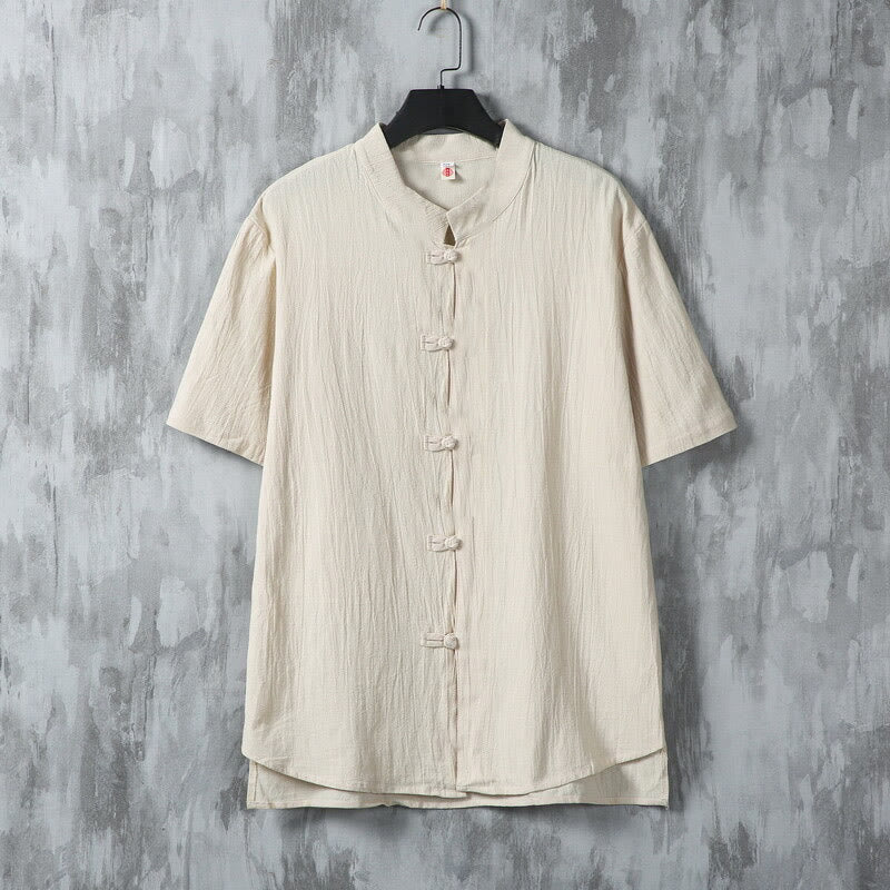 Buddha Stones夏 無地 唐装 カエルボタンデザイン メンズ 半袖 コットンシャツ - リネン - US/UK/AU46、 EU56 (5XL) - image 0