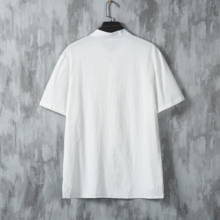 Buddha Stones夏 無地 唐装 カエルボタンデザイン メンズ 半袖 コットンシャツ - image 3