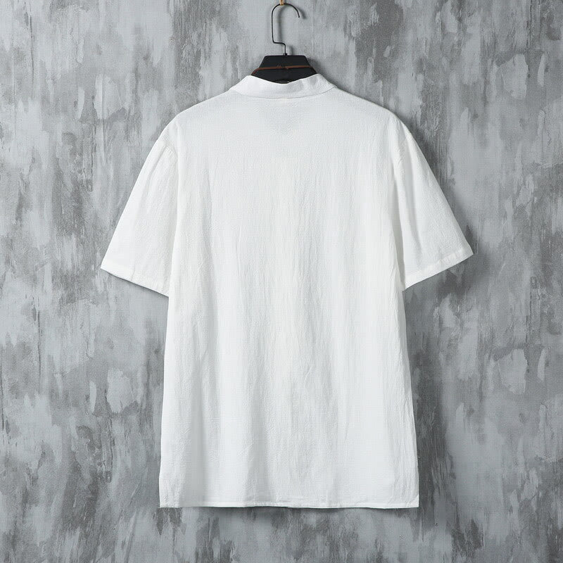 Buddha Stones夏 無地 唐装 カエルボタンデザイン メンズ 半袖 コットンシャツ - image 3