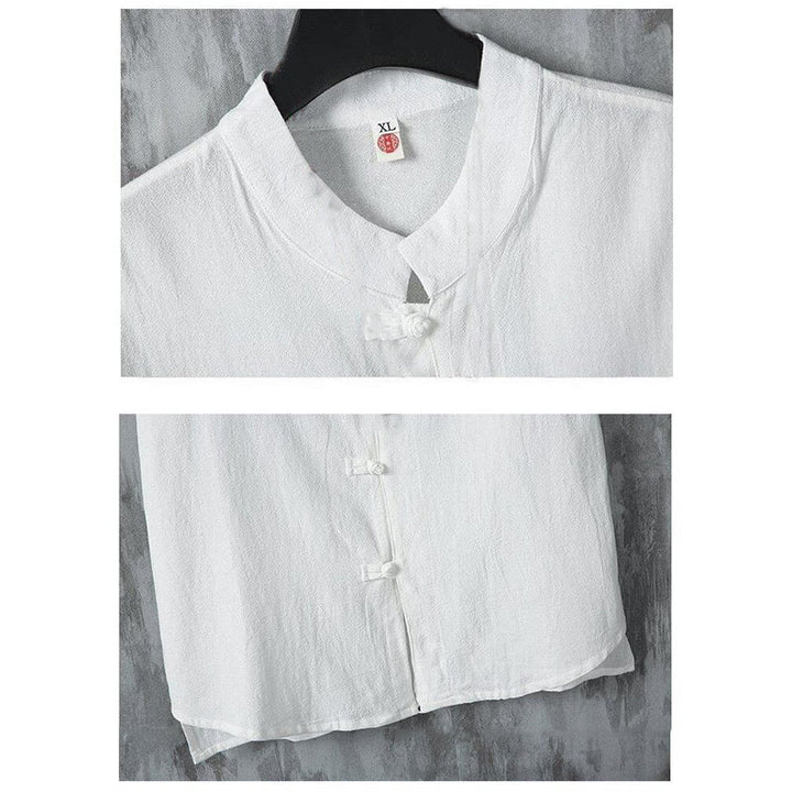 Buddha Stones夏 無地 唐装 カエルボタンデザイン メンズ 半袖 コットンシャツ - image 4