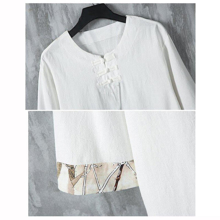 Buddha Stones夏用 カエルボタン イエロー 竹の葉 半袖 メンズ リネンシャツ - image 4