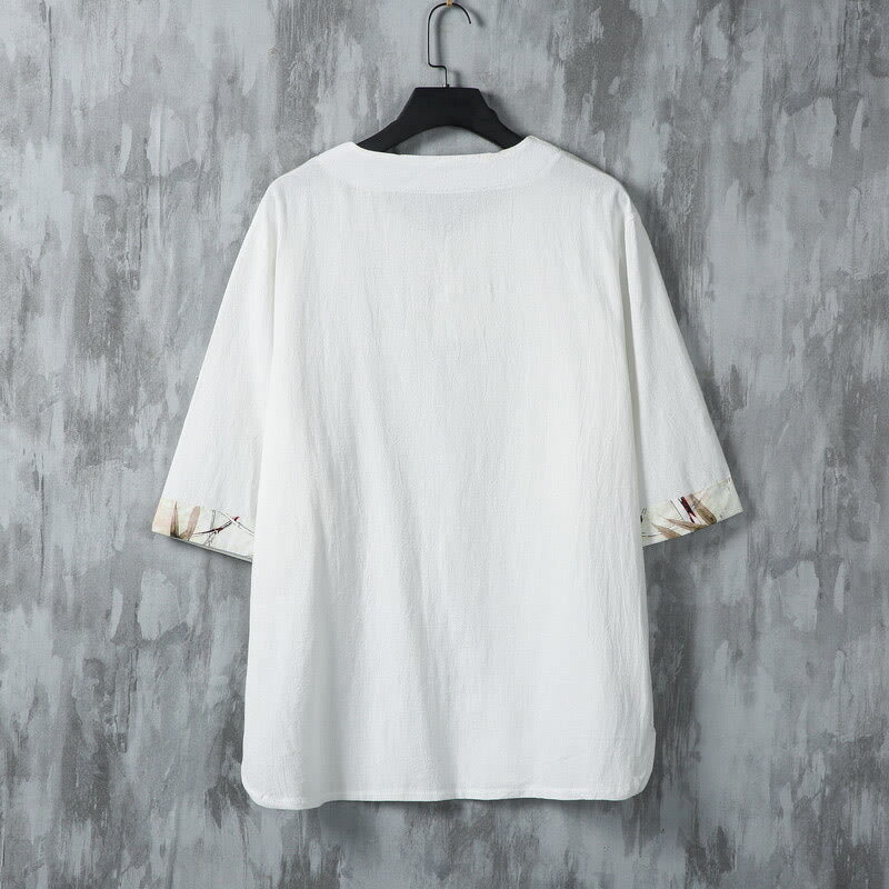 Buddha Stones夏用 カエルボタン イエロー 竹の葉 半袖 メンズ リネンシャツ - image 2