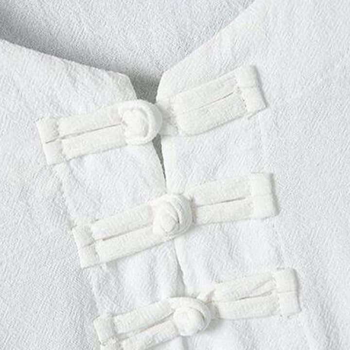 Buddha Stones夏用 カエルボタン イエロー 竹の葉 半袖 メンズ リネンシャツ - image 3