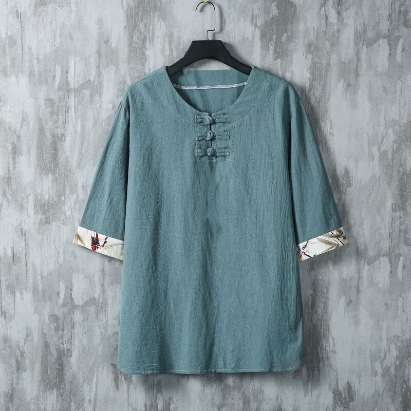 Buddha Stones夏用 カエルボタン イエロー 竹の葉 半袖 メンズ リネンシャツ - ダークシアン - US/UK/AU46、 EU56 (5XL) - image 0