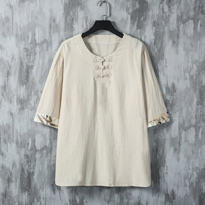 Buddha Stones夏用 カエルボタン イエロー 竹の葉 半袖 メンズ リネンシャツ - リネン - US/UK/AU46、 EU56 (5XL) - image 7