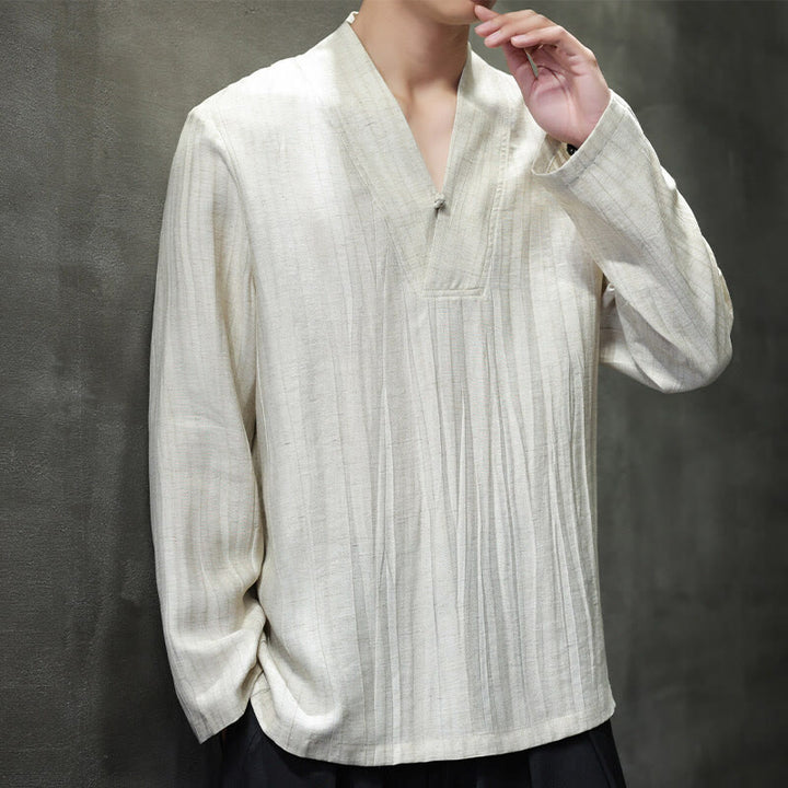Buddha Stones無地 Vネック 長袖 メンズ リネンシャツ - image 10