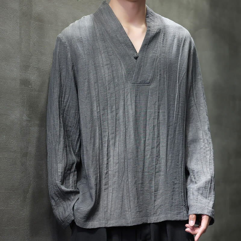 Buddha Stones無地 Vネック 長袖 メンズ リネンシャツ - グレー - US/UK/AU46、 EU56 (5XL) - image 0
